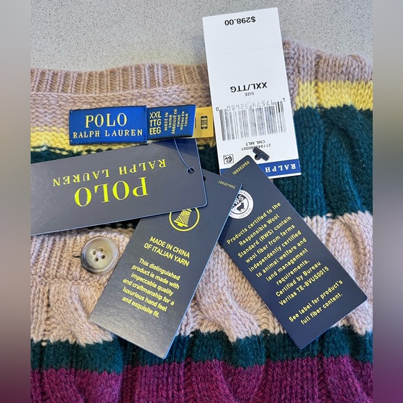 NWT Ralph Lauren Cable Knit Striped Cardigan Sweater 90% Wool 10% Cashmere SzXXL - Picture 2 of 12